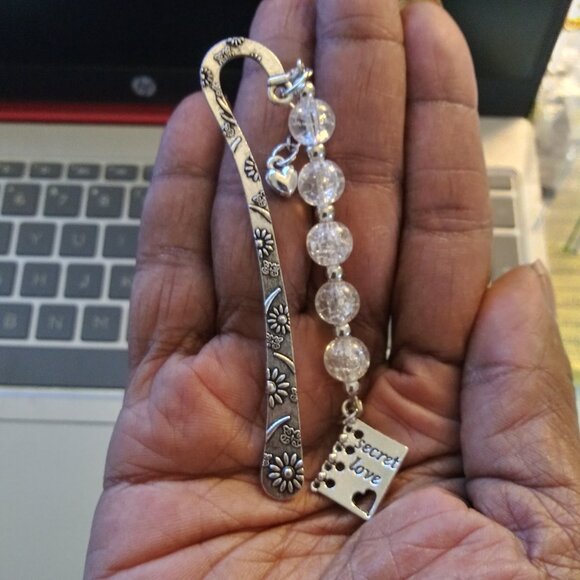 Secret Love Crystal Bead Metal Bookmark Silver Floral Engraved Hook - Picture 2 of 7